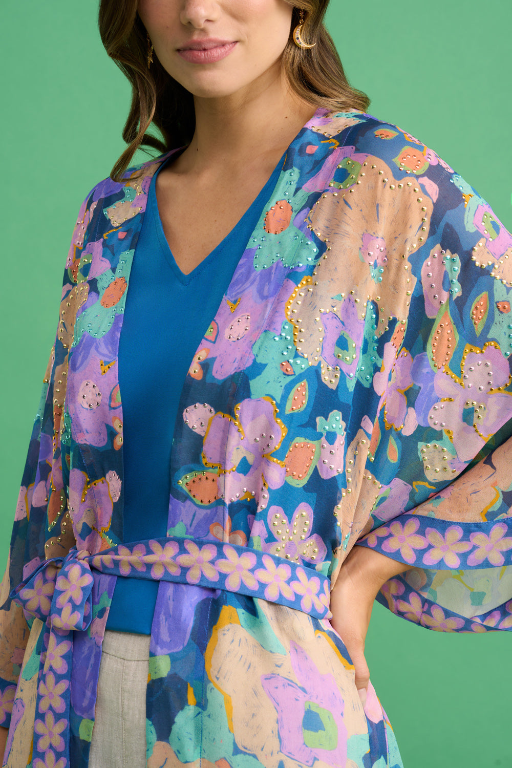 Stylish Embellished Kimono with Matisse Border Print - Perfect for Boho Fashion, Beach Cover-Ups & Festival Outfits