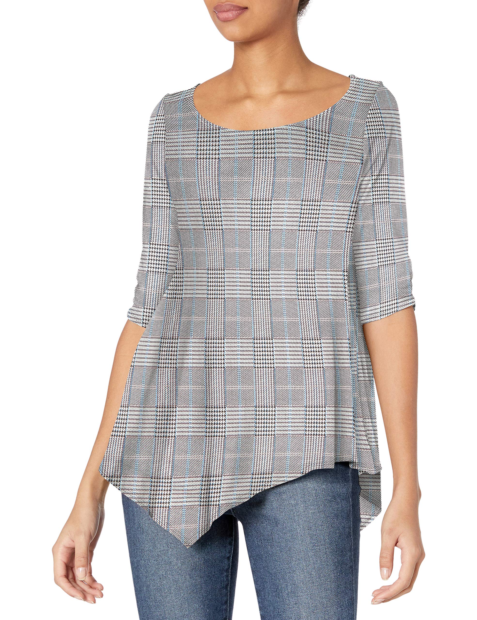 Star Vixen Women's Stylish Hanky Hem Blouse - Trendy Elbow Sleeve Top with Cinch Waist Detail - Black/White/Blue Houndstooth Print - Size Large - Perfect for Office Wear, Date Nights & Casual Outings