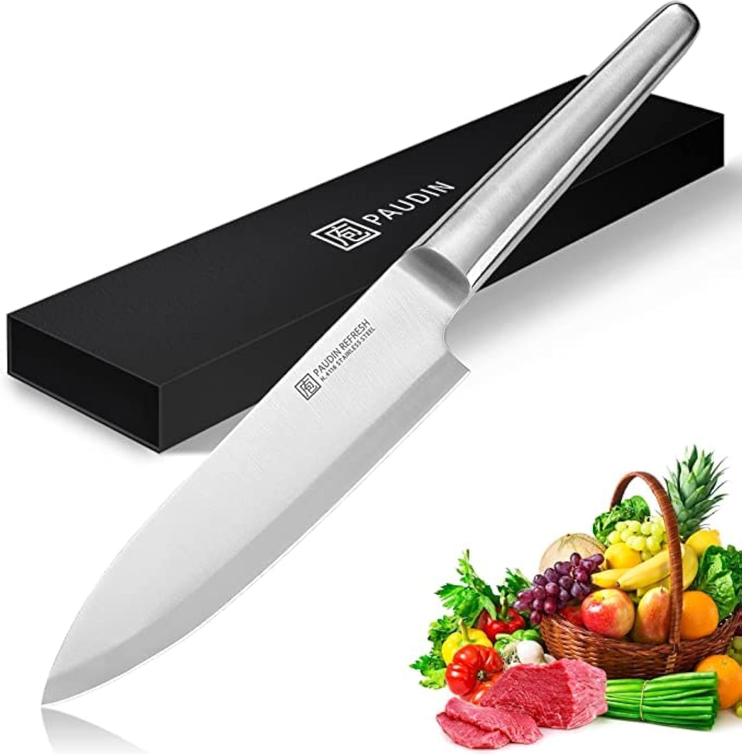 PAUDIN 8-Inch Chef Knife - High Carbon German Stainless Steel Kitchen Knife - Ultra Sharp Professional Chef's Knife with Ergonomic Hollow Handle - Perfect for Slicing, Dicing & Chopping Vegetables, Meat & Fruits (Silver)