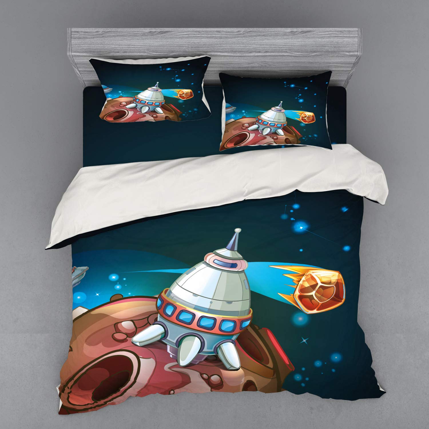 Ambesonne Cartoon Space Themed Bedding Set - 4 Piece Duvet Cover with Shams & Fitted Sheet, King Size, Galaxy Rocket Stars Cosmic Print, Multicolor | Perfect for Kids Rooms, Space Enthusiasts & Sci-Fi Decor