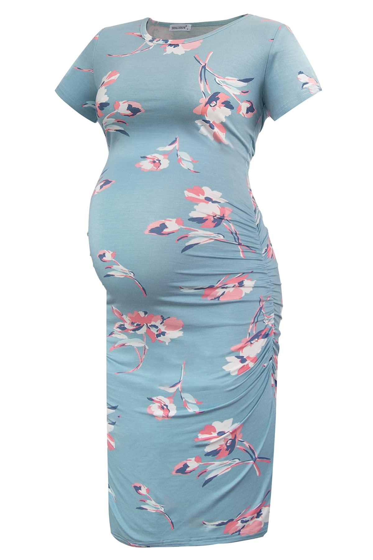 Smallshow Women's Short Sleeve Maternity Dress - Ruched Pregnancy Clothes for Casual Wear & Baby Shower - Comfortable Nursing Dress for Expecting Mothers