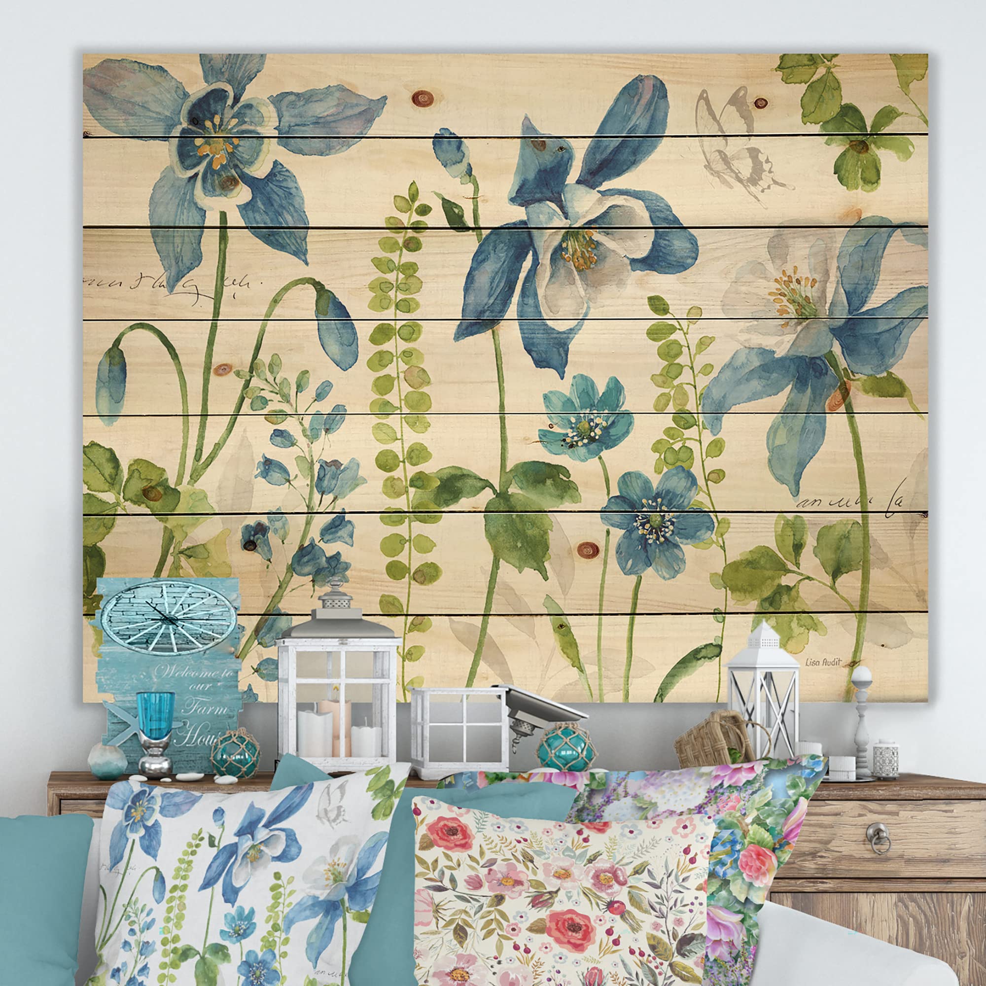 Bluebell and Columbine Wildflower Butterfly Wood Wall Art - Traditional Floral Pine Wood Decor - Large Printed Wall Panels for Living Room, Bedroom & Office Decor