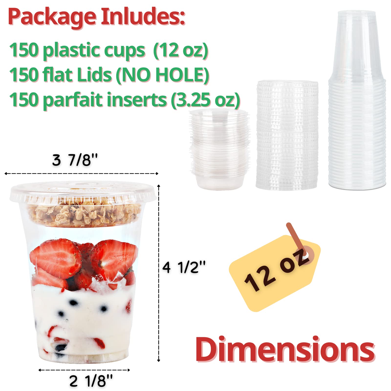 150-Pack 12 oz Clear Plastic Parfait Cups with 3.25 oz Insert & Flat Lids - Leakproof Yogurt, Fruit, Dips Containers for Kids Breakfast, Snacks, Parties, Catering & Takeout - BPA-Free Reusable Dessert Cups