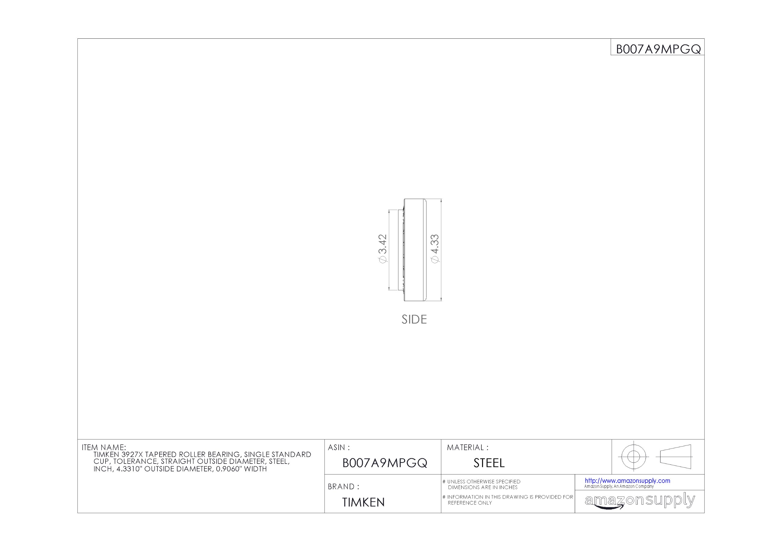 Timken 3927X Tapered Roller Bearing - Single Cup, Standard Tolerance, Steel Construction, 4.3310