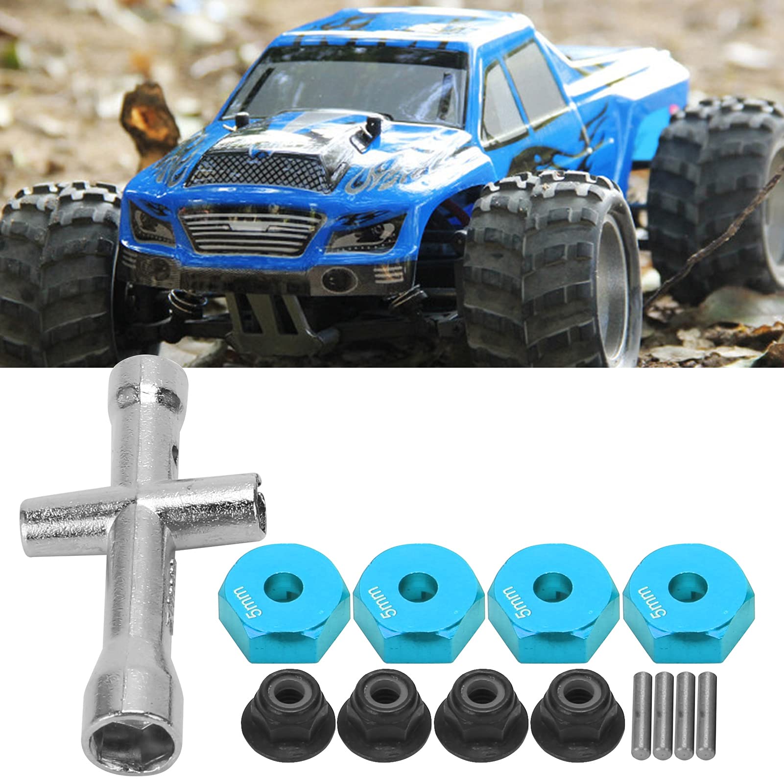 1/10 Scale RC Truck Wheel Hex Adapter 12mm - Anti-Slip Nut, Cross Wrench & Bolt Included - Blue RC Toy Part for Crawler, Rock Racer & Off-Road Models - Durable Upgrade Accessory for Hobby RC Vehicles