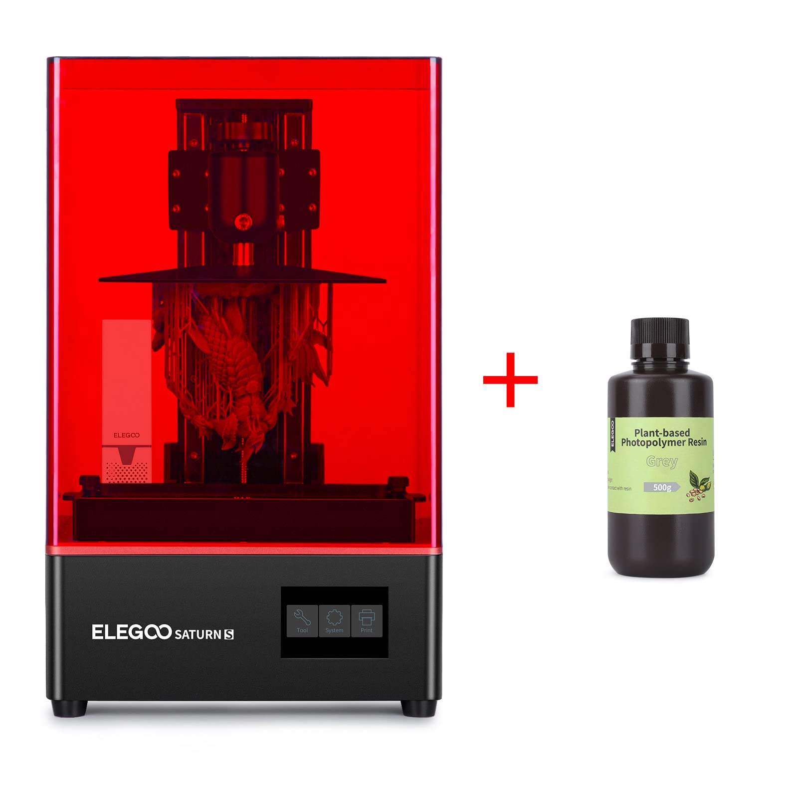 ELEGOO Saturn S LCD Resin 3D Printer with 4K Monochrome Screen & Plant-Based Eco-Friendly Grey Resin 500g - Perfect for Miniatures, Jewelry Making, and DIY Crafts