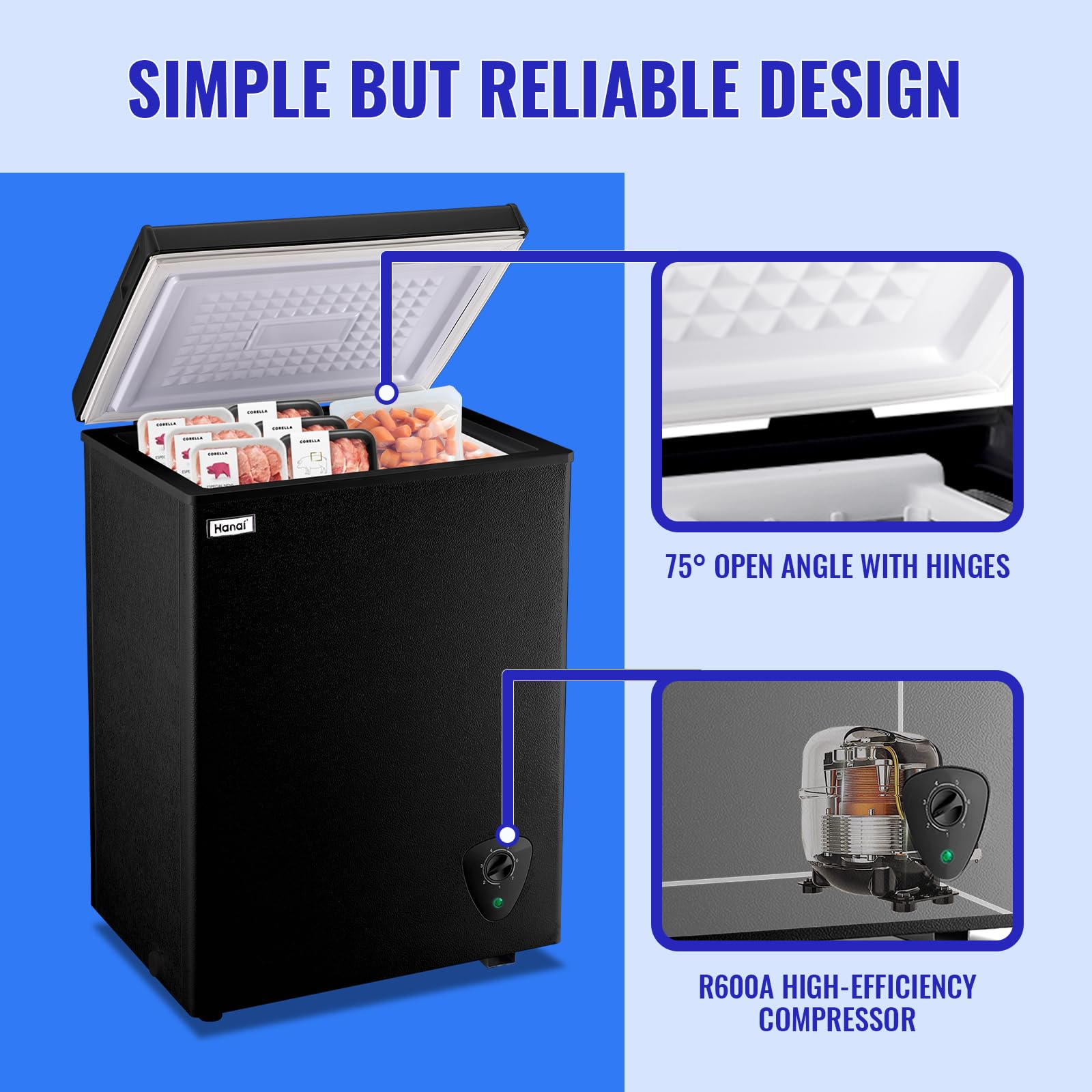 WANAI 3.5 Cu Ft Compact Chest Freezer - Black, Energy Efficient Deep Freezer with Storage Basket, 7 Temperature Settings, Top Open Door Design - Perfect for Home, Garage, Apartment, Kitchen, Office & Small Spaces