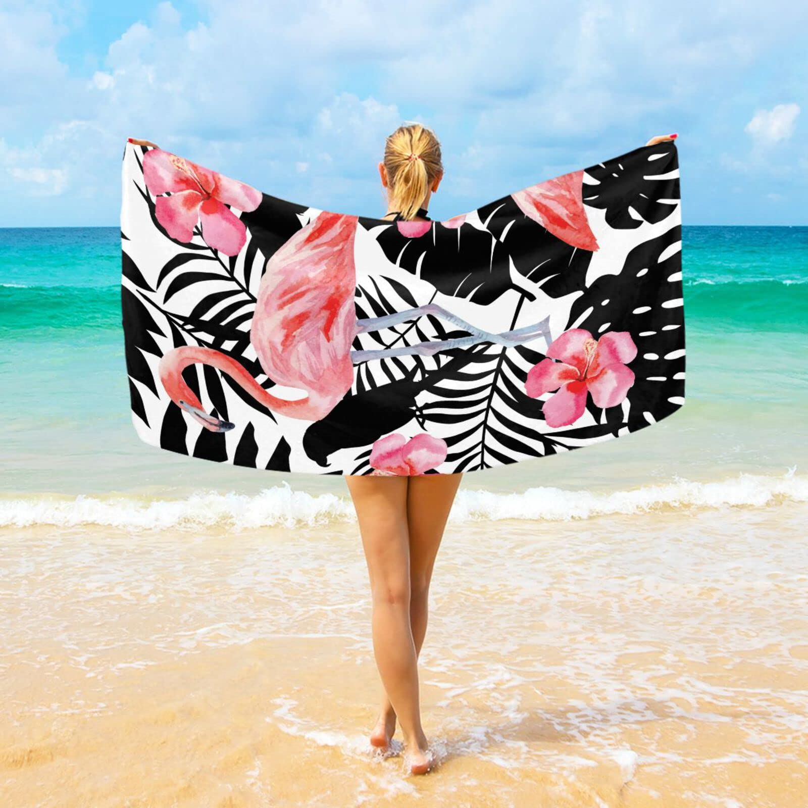 **Premium Flamingo Hibiscus Beach Towel - Extra Large 74x37 Inch Quick Dry Microfiber Sand-Free Towel for Adults - Perfect for Beach, Pool, Yoga & Travel**