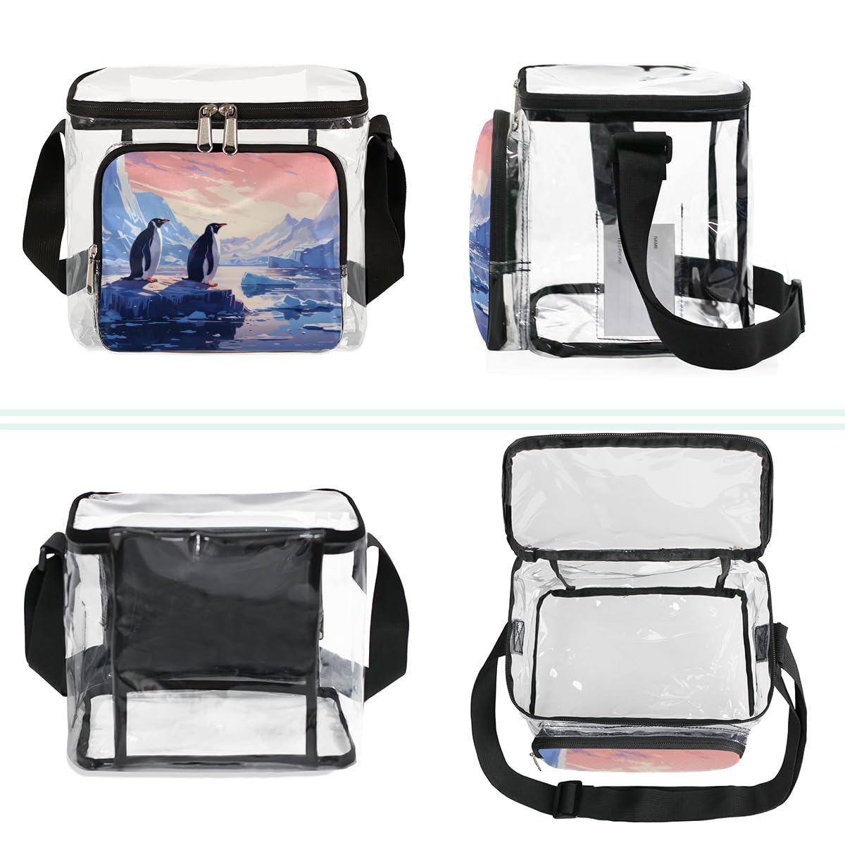 GzLeyigou Antarctica Penguins Clear Tote Bag with Handles - Transparent Crossbody Shoulder Bag for Lunch, Outdoor, Travel, Picnic, Concerts & Sports Events - Stadium Approved Multi-Purpose Bag for School, Beach, Shopping and Theme Parks