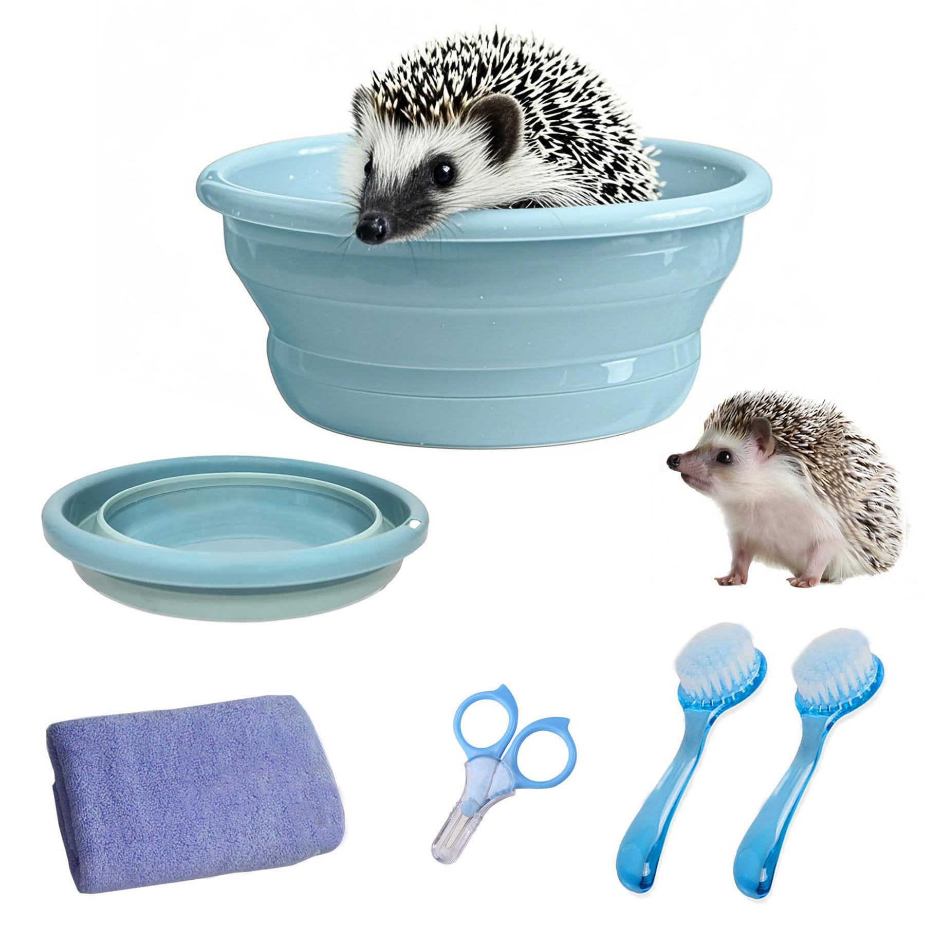 Foldable Hedgehog Bathtub Kit - Plastic Small Animal Bath Tub with Nail Clippers, 2 Bath Brushes & Towel for Guinea Pigs, Hamsters | Portable Pet Grooming Supplies for Home & Travel Use