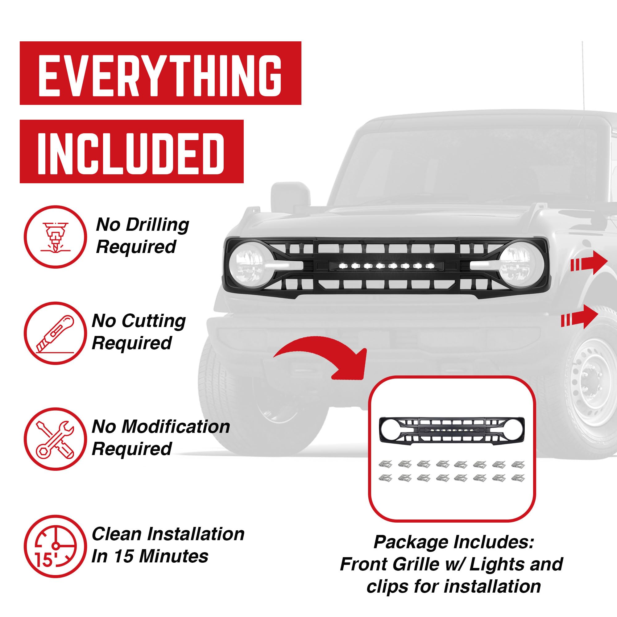 2021-2023 Ford Bronco Front Armor Grille Replacement | Matte Black Off-Road Bumper Grill with LED Light Mounts | Perfect for Off-Roading, Overlanding & Truck Customization