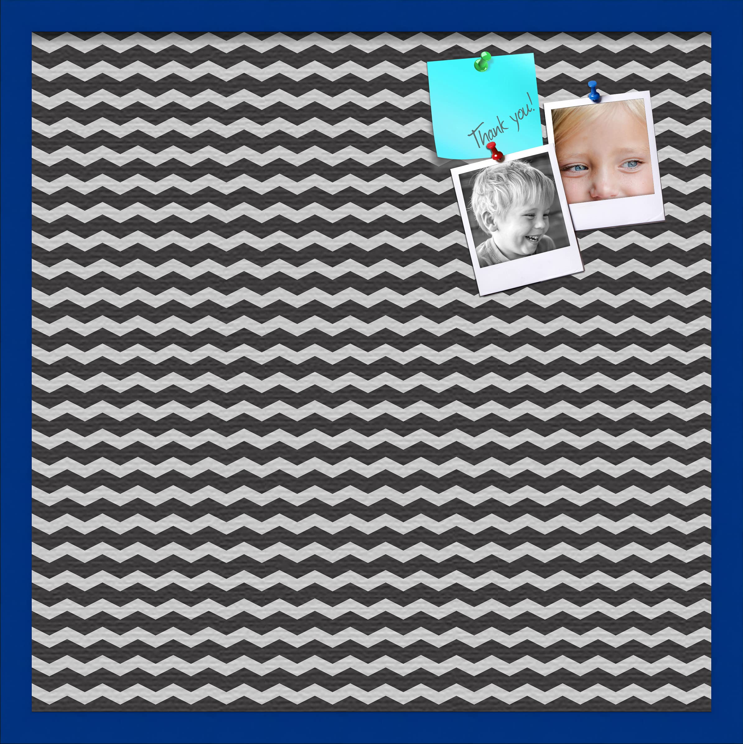 PinPix 24x24 Inch Cork Bulletin Board - Black & White Chevron Design with Blue Stained Beech Frame - Stylish Home Office Decor, Message Board & Wall Organizer for Notes, Photos & Reminders (PinPix-118)