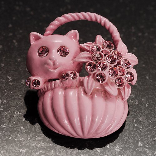Pink Kitten In The Basket Crystal Brooch - Elegant Cat Jewelry Pin for Women, Gift for Cat Lovers - Perfect for Blazers, Scarves & Handbag Decoration