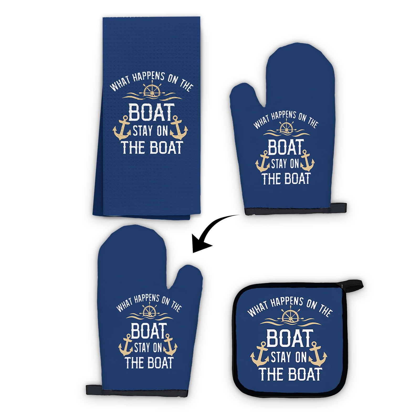 OHSUL Nautical Kitchen Towels and Oven Mitt Set - Navy Blue Boat-Themed Pot Holders & Heat Resistant Gloves - Rustic Marine Decor for Boat Owners - Perfect for Galley Cooking, Sailing Gifts & Coastal Home Decor
