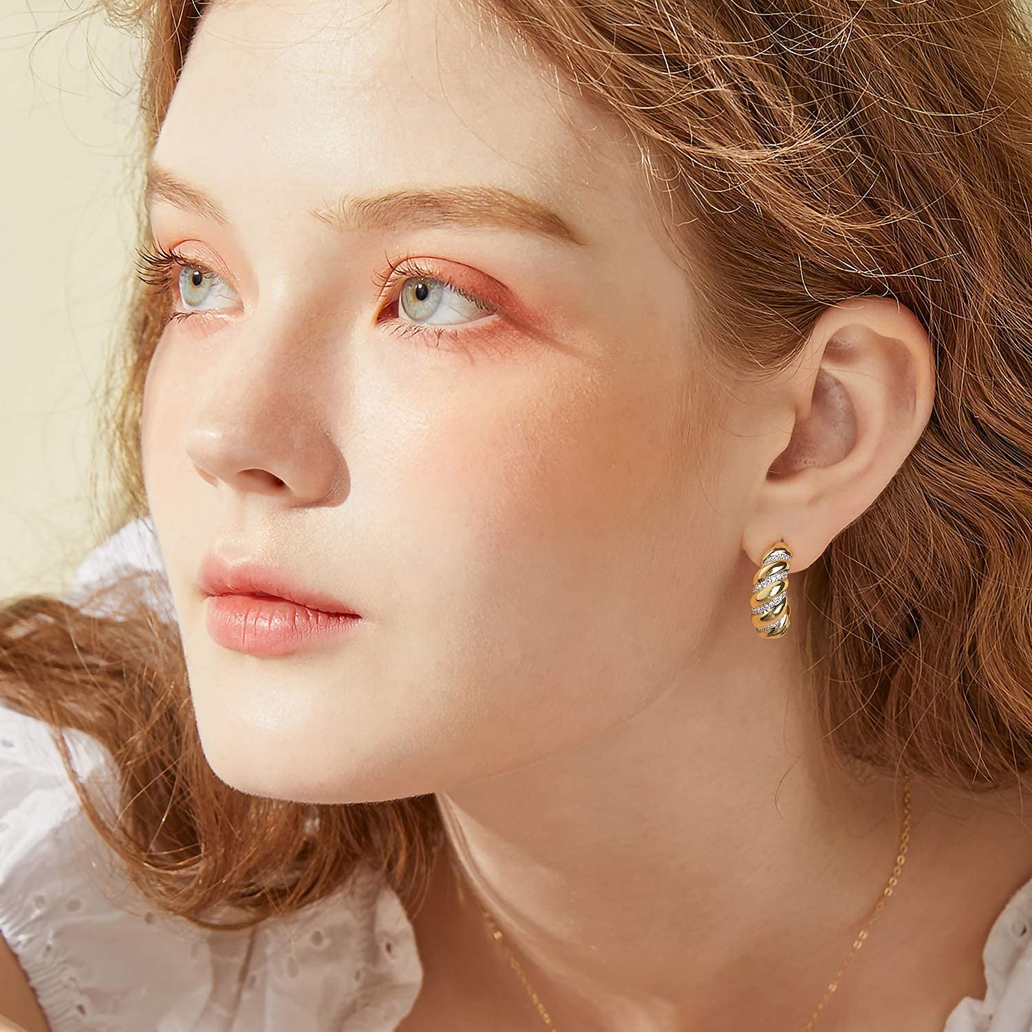 14K Gold Plated Croissant Hoop Earrings for Women - 925 Sterling Silver Huggie Earrings with CZ Stones | Trendy Twisted Round Chunky Hoops | Perfect Mother's Day Gift, Birthday Present & Everyday Fashion Jewelry