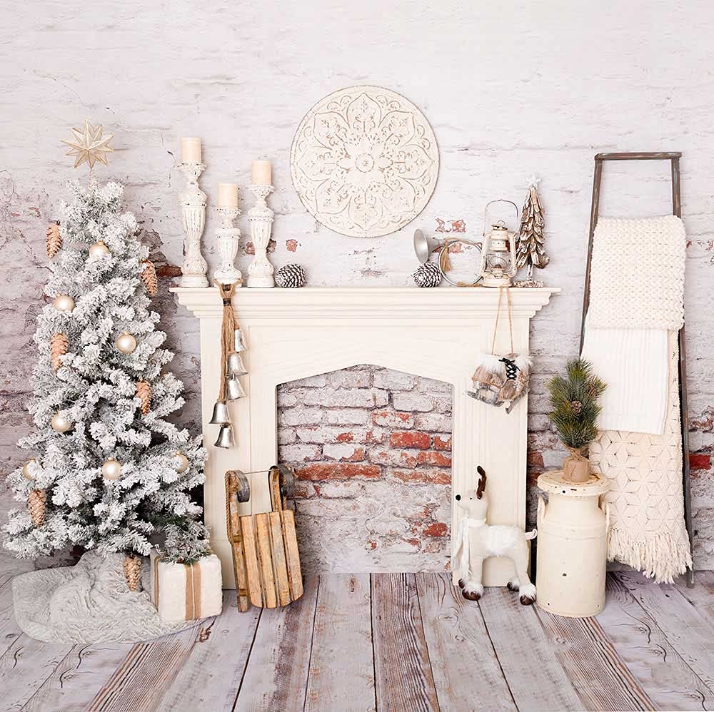 Kate 1010ft Christmas Brick Wall Photo Backdrop - White Xmas Photography Background with Trees for Indoor Holiday Shoots - Perfect for Family Portraits, Product Photography & Social Media Content
