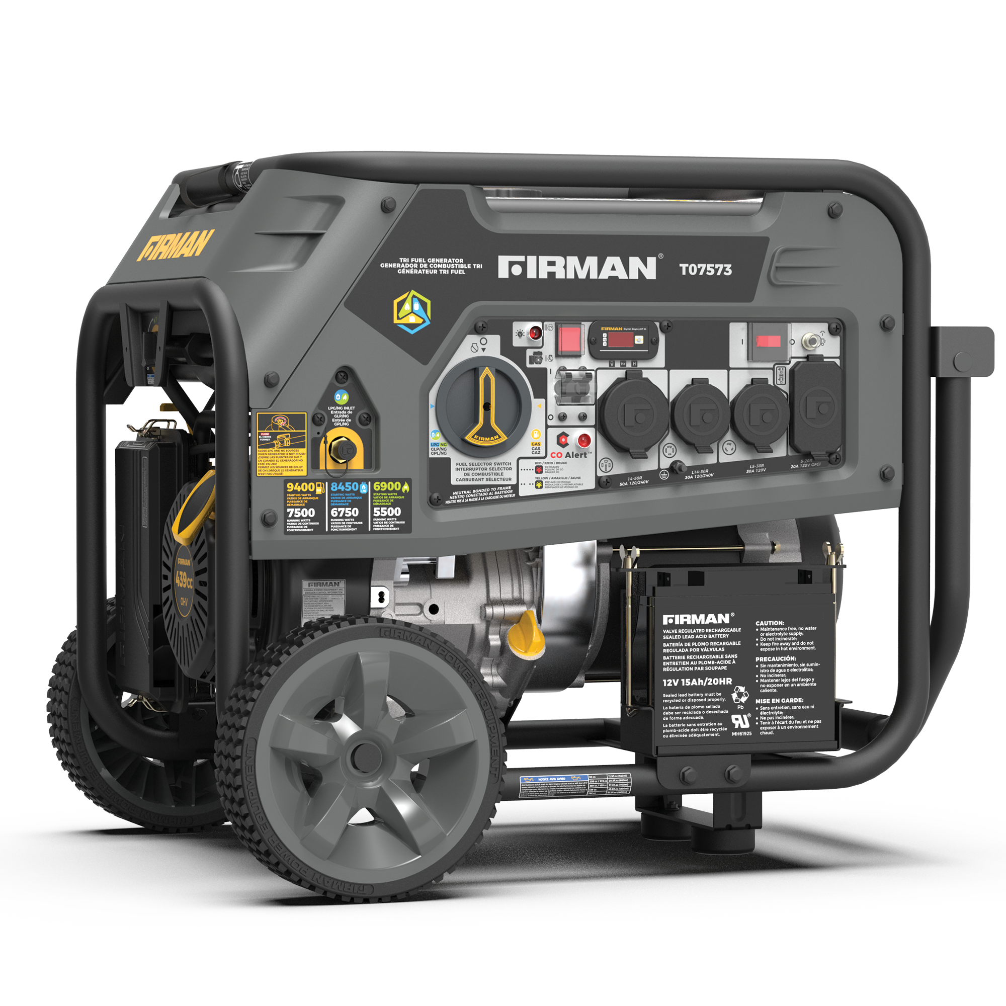 Refurbished 9400W Tri Fuel Portable Generator with Electric Start & CO Alert - 120/240V Dual Voltage - Perfect for Camping, Emergency Power & Home Backup