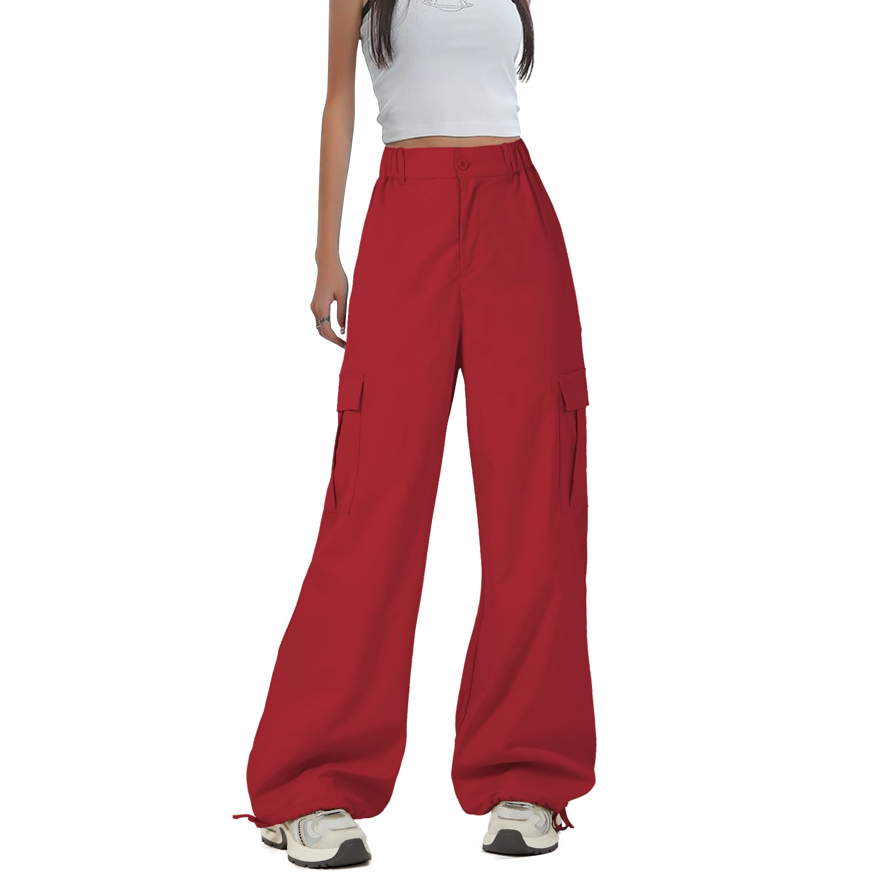 Zando Women's Y2K Baggy Cargo Pants - Stretchy High Waist Parachute Pants with Pockets | Trendy Wide Leg Trousers for Casual Wear, Street Style & Outdoor Activities