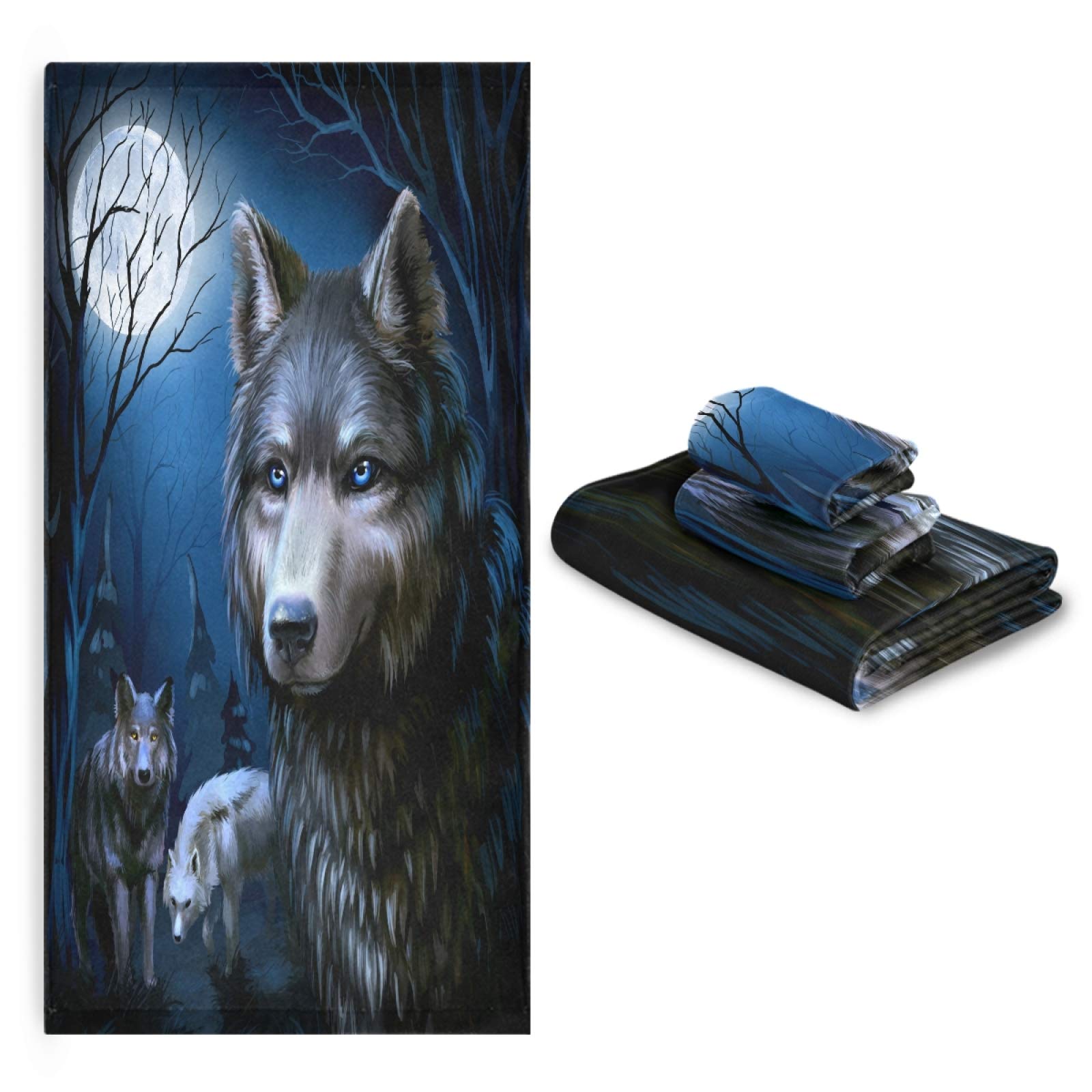 Premium 3-Piece Wolf & Moon Bath Towel Set - Ultra Soft & Absorbent (1 Bath Towel, 1 Hand Towel, 1 Washcloth) for Bathroom, Kitchen, Gym & Beach - ALAZA Animal Themed Luxury Towels
