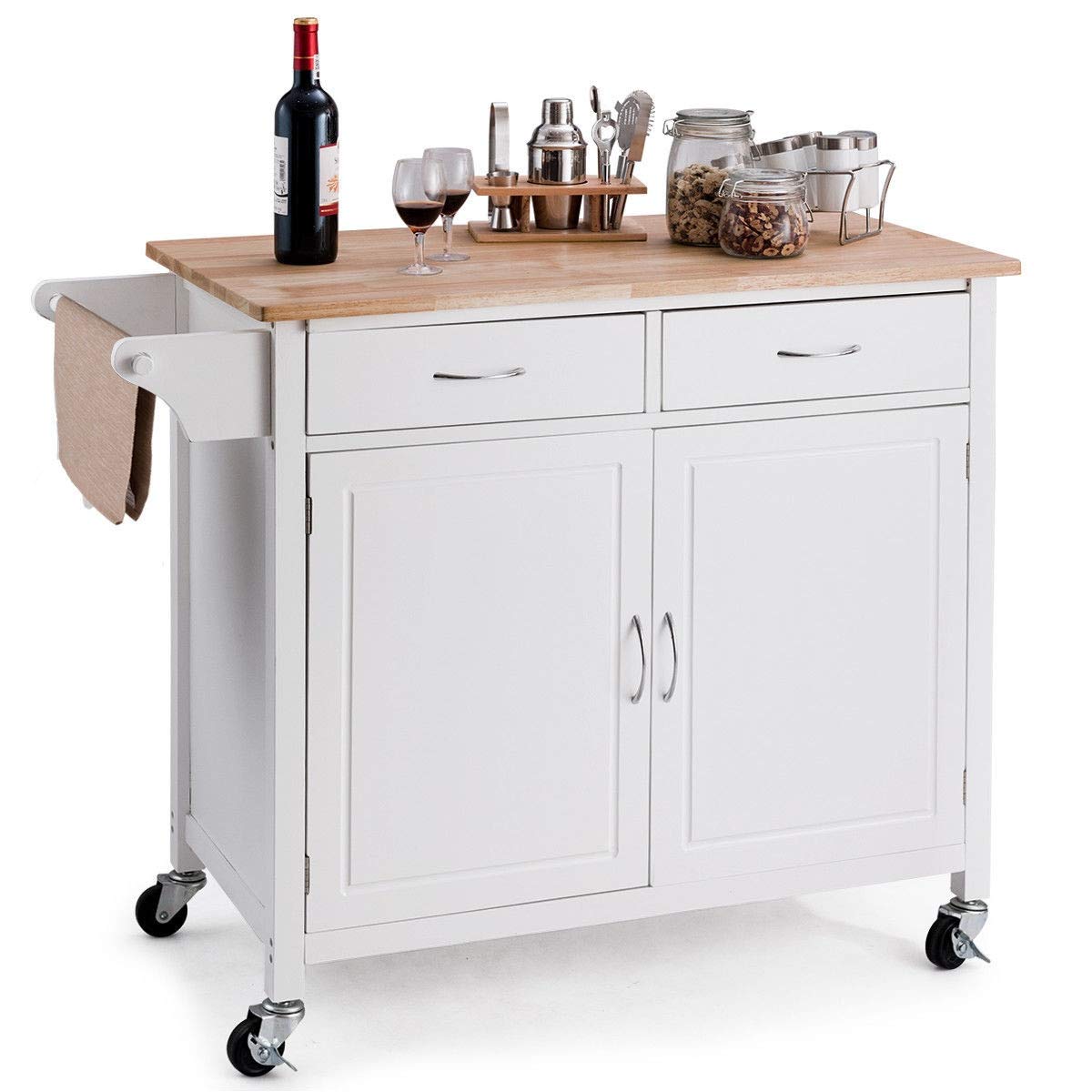 Modern White Kitchen Island Cart with Double Drawers, 2-Tier Shelf & Cabinet Door - Pine Wood Top Rolling Serving Cart for Food Prep, Storage & Towel Organization - Perfect for Small Kitchens, Dining Rooms & Buffet Serving