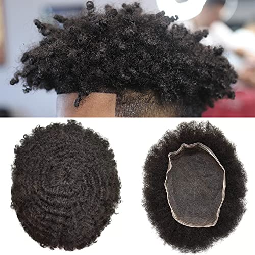 100% Real Human Hair Afro Full Lace Toupee for Men - African Curly Afro Wig with French Lace (4MM-10MM) - Jet Black #1 - 8x10