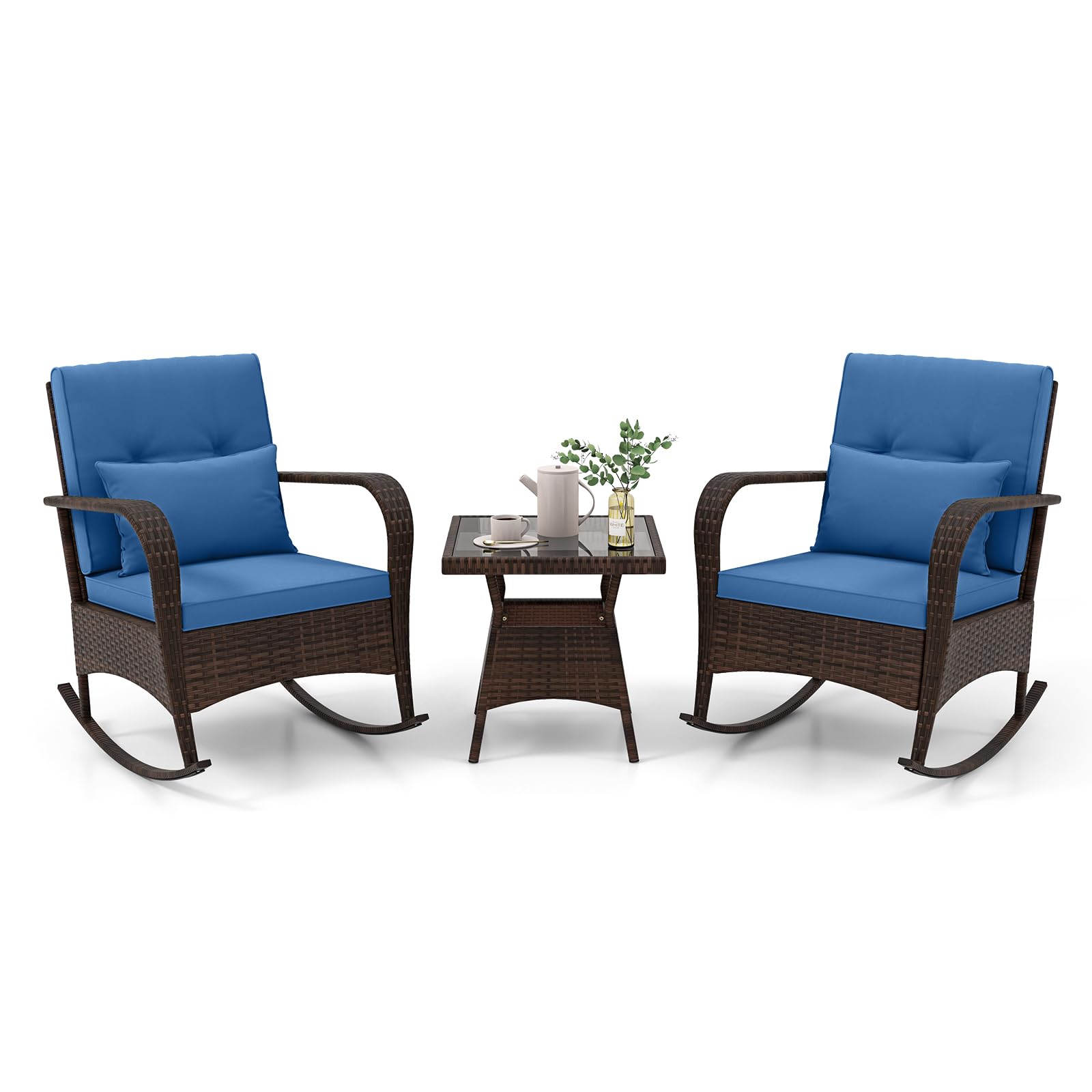 Tangkula 3-Piece Outdoor Rocking Bistro Set - PE Rattan Rocking Chairs with Removable Cushions & Tempered Glass Coffee Table - Navy Wicker Patio Furniture for Porch, Garden, Backyard & Poolside Relaxation