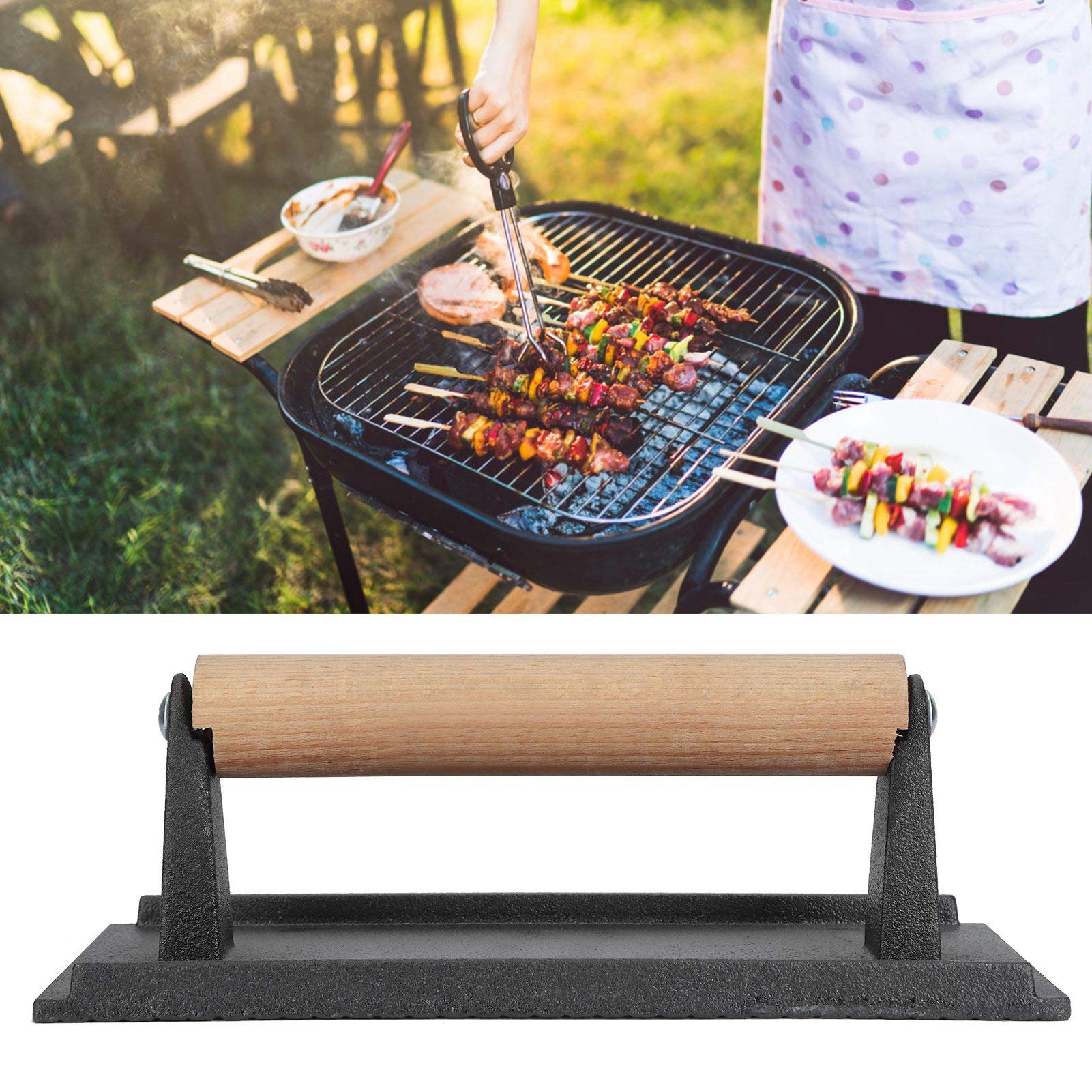 Heavy Duty Cast Iron Grill Press with Wooden Handle - Perfect for Steak, Burger & Bacon - BBQ Griddle Weight for Grills, Griddles & Flattops - Ideal for Backyard BBQs, Camping & Outdoor Cooking