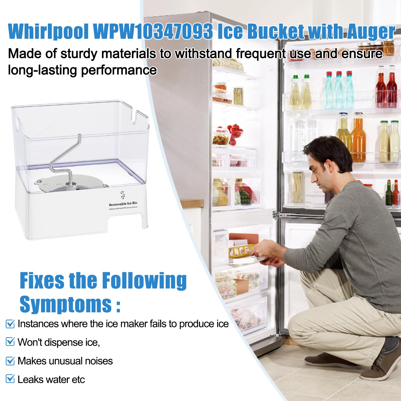 Upgraded WPW10347093 Ice Bucket - Compatible with Whirlpool Ice Maker Replacement W10347100, WRF736SDAM14, WRF736SDAM13 - Whirlpool Removable Ice Bin & Tray Parts - Perfect for Kitchen Refrigerator & Home Bar Use