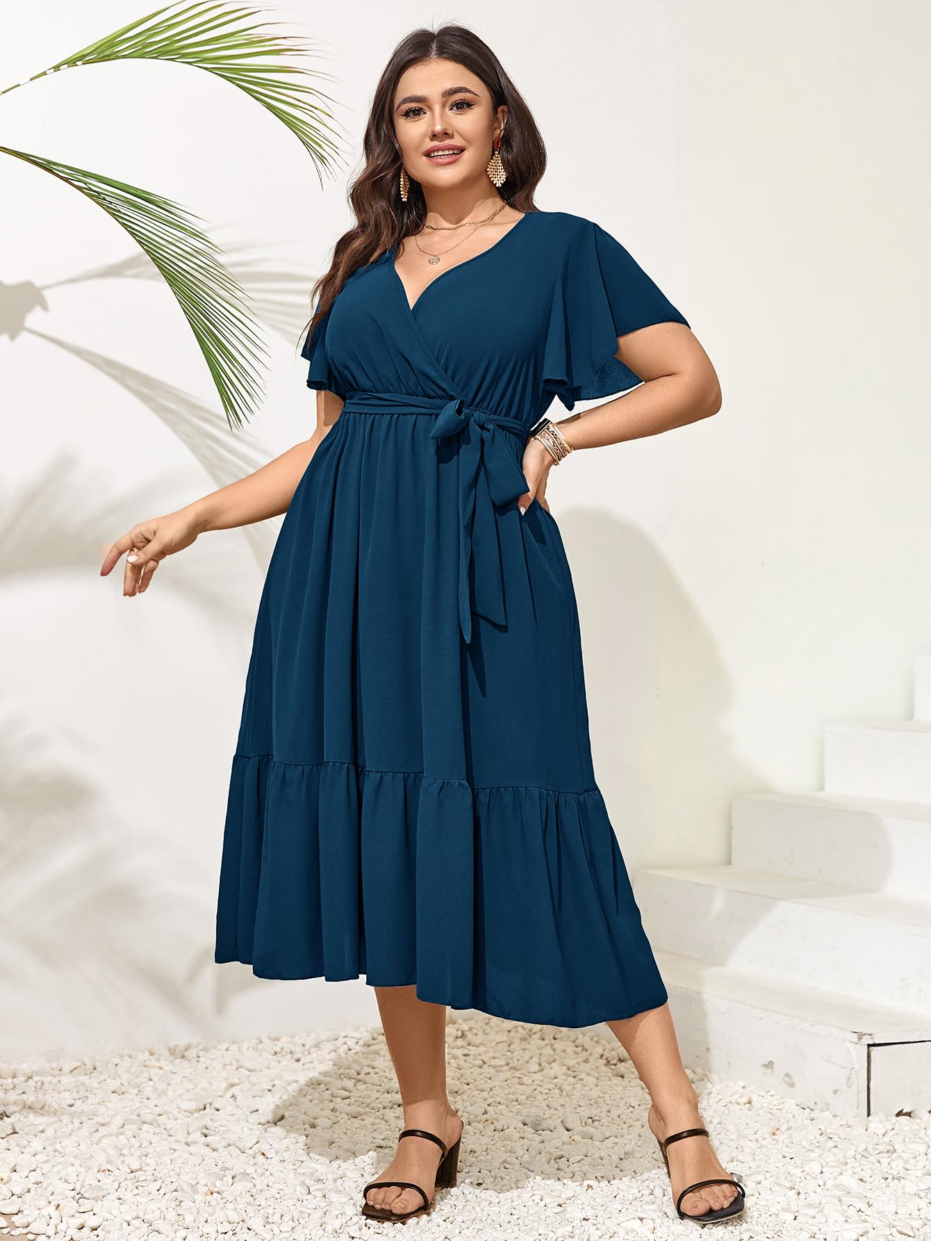 Plus Size Wedding Guest Dress for Women - Summer Wrap V-Neck Short Sleeve Belted Ruffle Hem A-Line Flowy Maxi Dress | Perfect for Weddings, Parties & Special Occasions