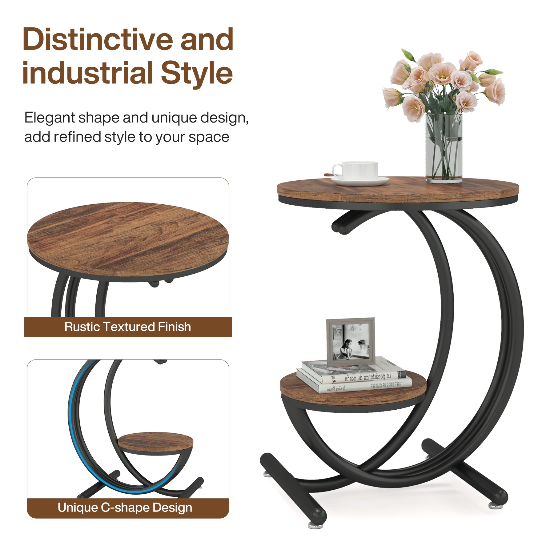 2 Tier End Table with C-Shaped Frame - Small Accent Side Table for Living Room, Bedroom & Office - Modern Nightstand with Storage Shelf