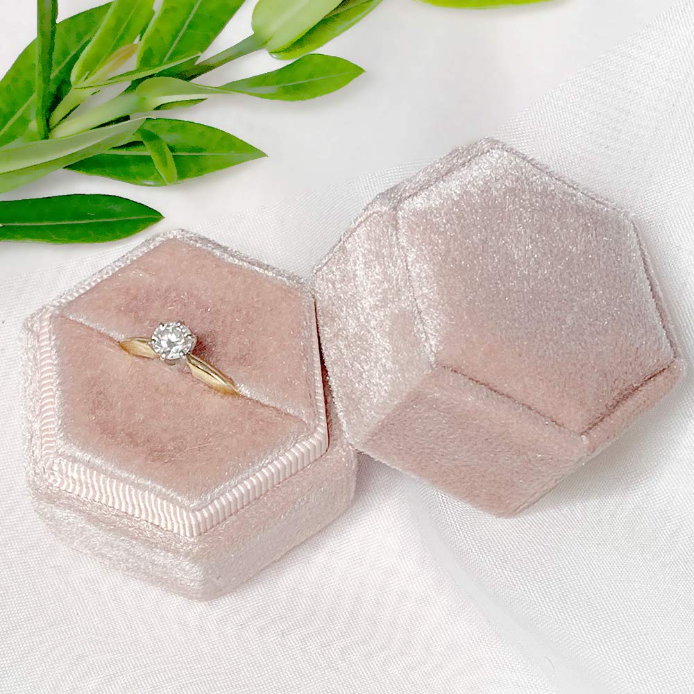 Velvet Hexagon Engagement Ring Box - Vintage Style Handmade Proposal Ring Holder for Bride, Wedding Ring Bearer Box with Single Slot, Luxury Velvet Jewelry Gift Box (Nude Blush) - Perfect for Proposals, Weddings & Anniversary Gifts