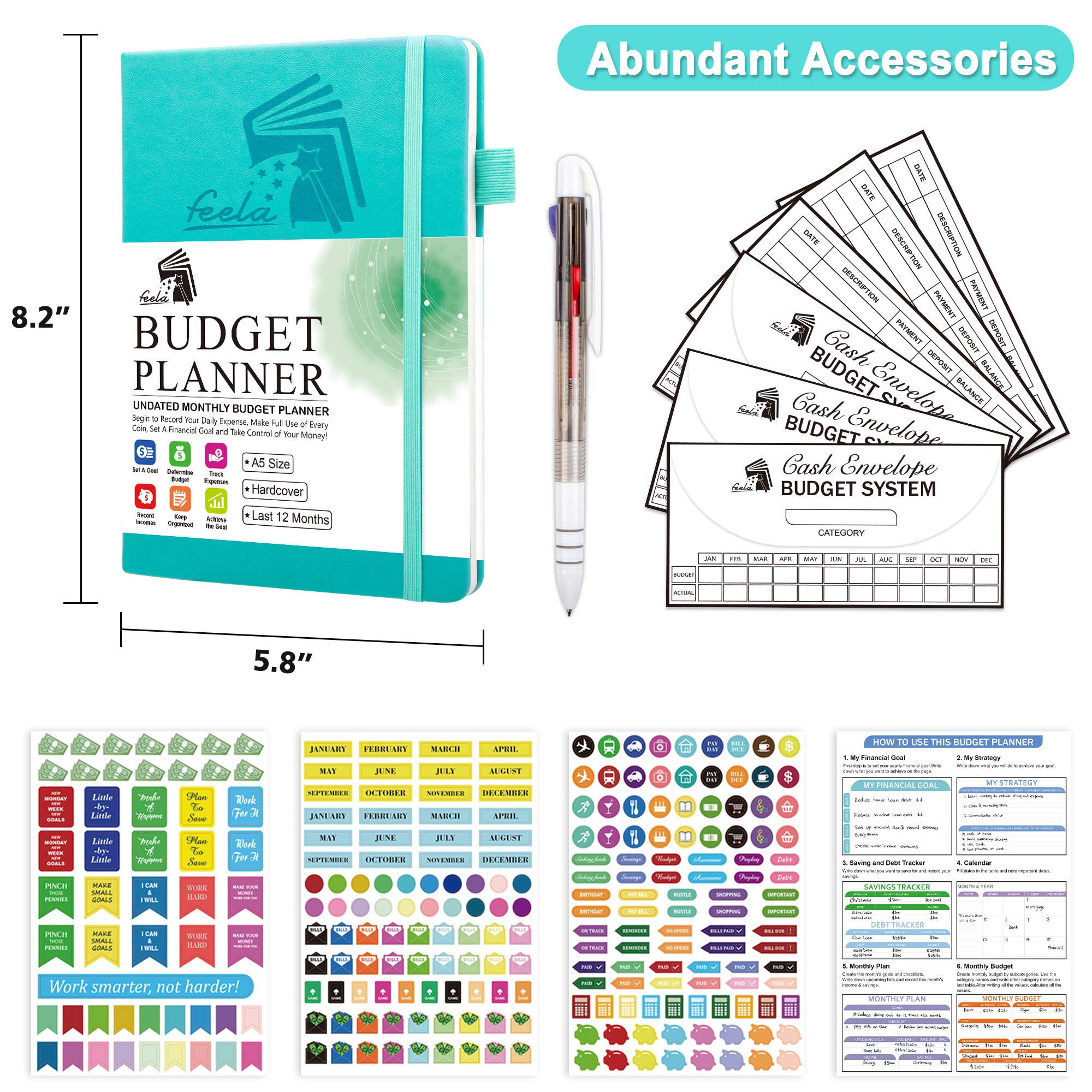 2025 Monthly Undated Budget Planner - A5 Hardcover Financial Organizer with Expense Tracker, Budget Envelopes, Stickers & Pen | Money Management Journal for Personal Finance, Bill Tracking & Savings Goals | Perfect for Students, Home Budgeting & Financial Planning (Turquoise)