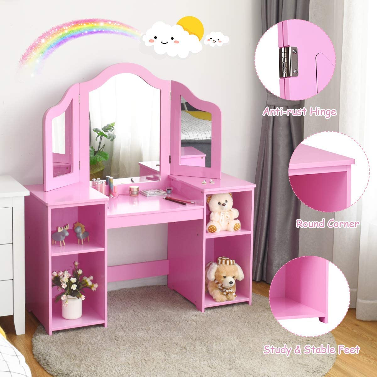 MAT EXPERT Kids Vanity Table Set with Tri-Folding Mirror - Wooden Princess Dresser with 4 Storage Shelves & Detachable Plastic Mirror - Pretend Play Makeup Dressing Table for Girls (Pink) - Perfect for Bedroom Decor, Birthday Gifts & Role Play Activities