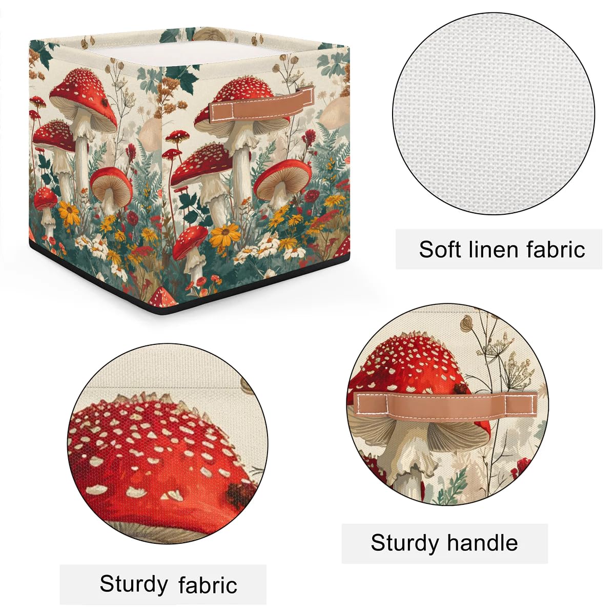 13 Inch Collapsible Mushroom Flower Storage Basket with Leather Handle - Foldable Organizer Bin for Closet, Shelves & Home Decor | Perfect for Bedroom, Bathroom & Laundry Room Organization