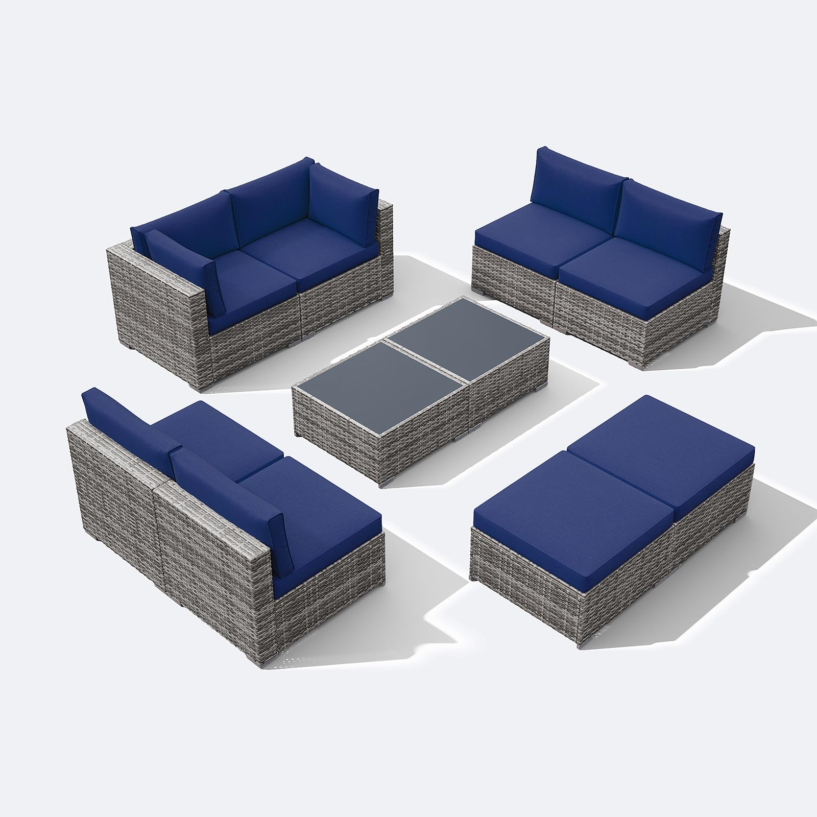 10-Piece Outdoor Patio Furniture Set - All-Weather PE Wicker with Ottoman & Blue Cushions - Patiorama Grey Conversation Set for Backyard, Porch, Garden, Poolside & Balcony Relaxation