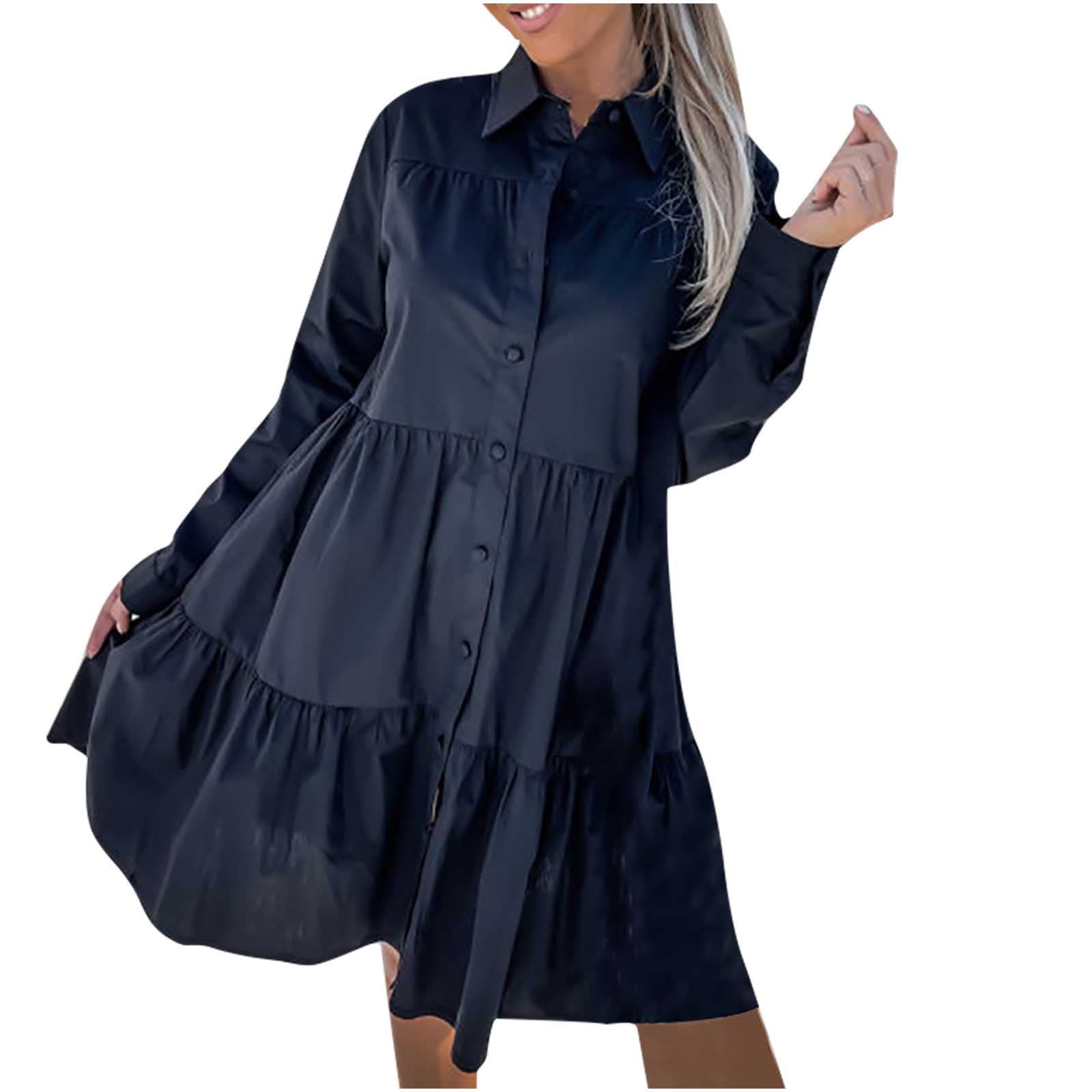Women's Long Sleeve Ruffle Tiered Dress with Lapel Collar - Button Down Casual Shirt Dress in Solid Colors | Perfect for Office Wear, Date Nights & Spring Fashion
