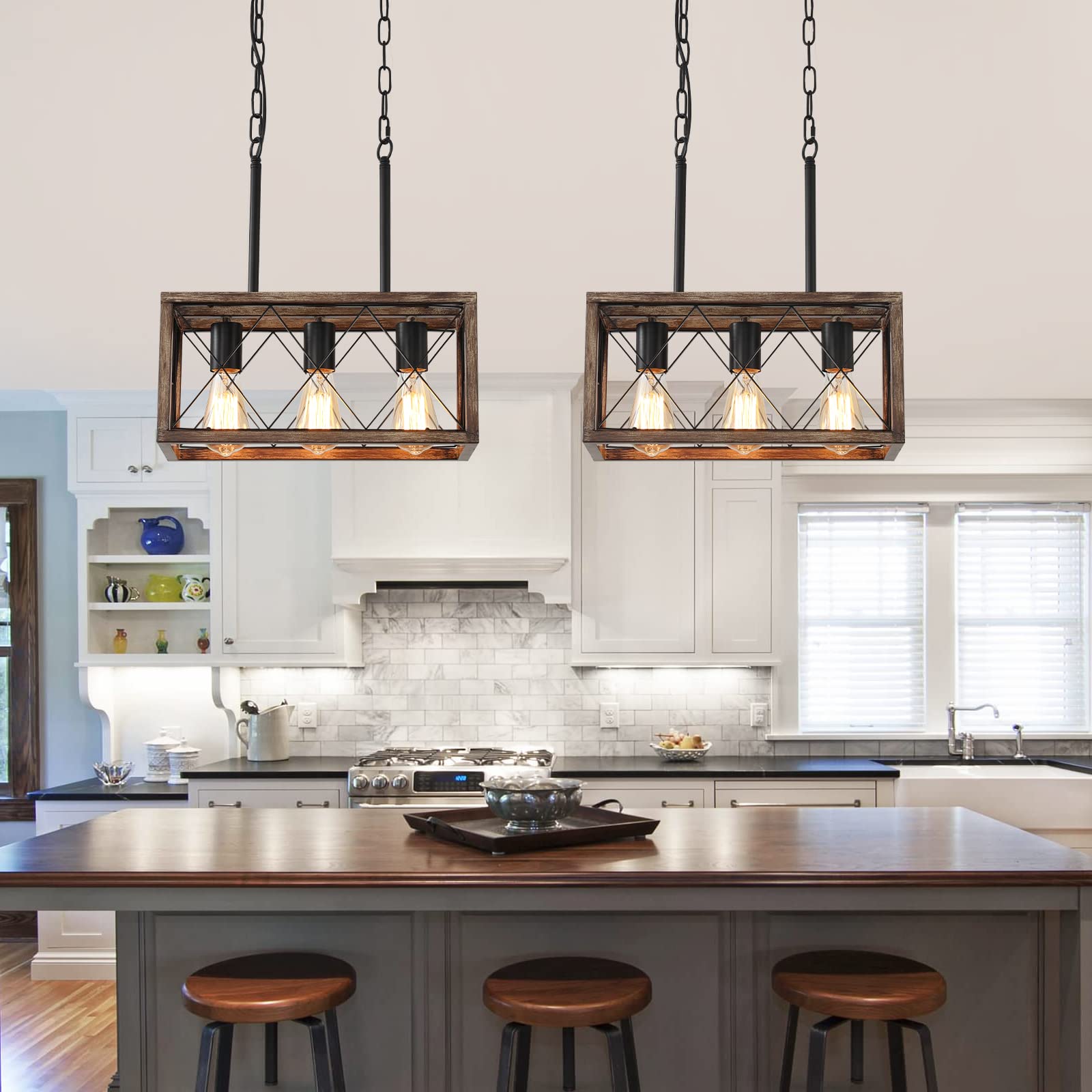 KEESFU Farmhouse Kitchen Island Lighting - 3 Lights Adjustable Height Pendant Fixtures, Industrial Wood Grain Dining Room Light for Living Room, Foyer, Over Sink, and Breakfast Bar