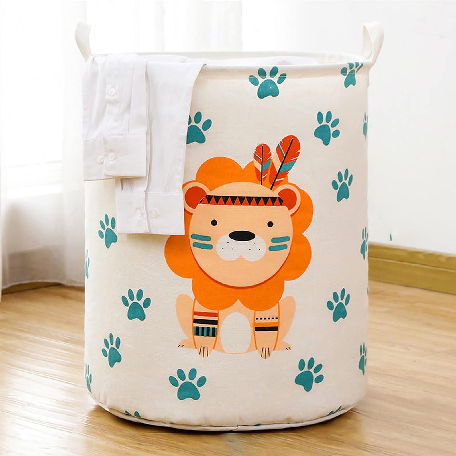 Wolpin Waterproof Laundry Bag & Toy Storage Organizer - Foldable, Moistureproof, Large 63L Capacity with Handles (Lion White, Cotton) - Perfect for Kids' Room, Travel, Camping & Home Organization