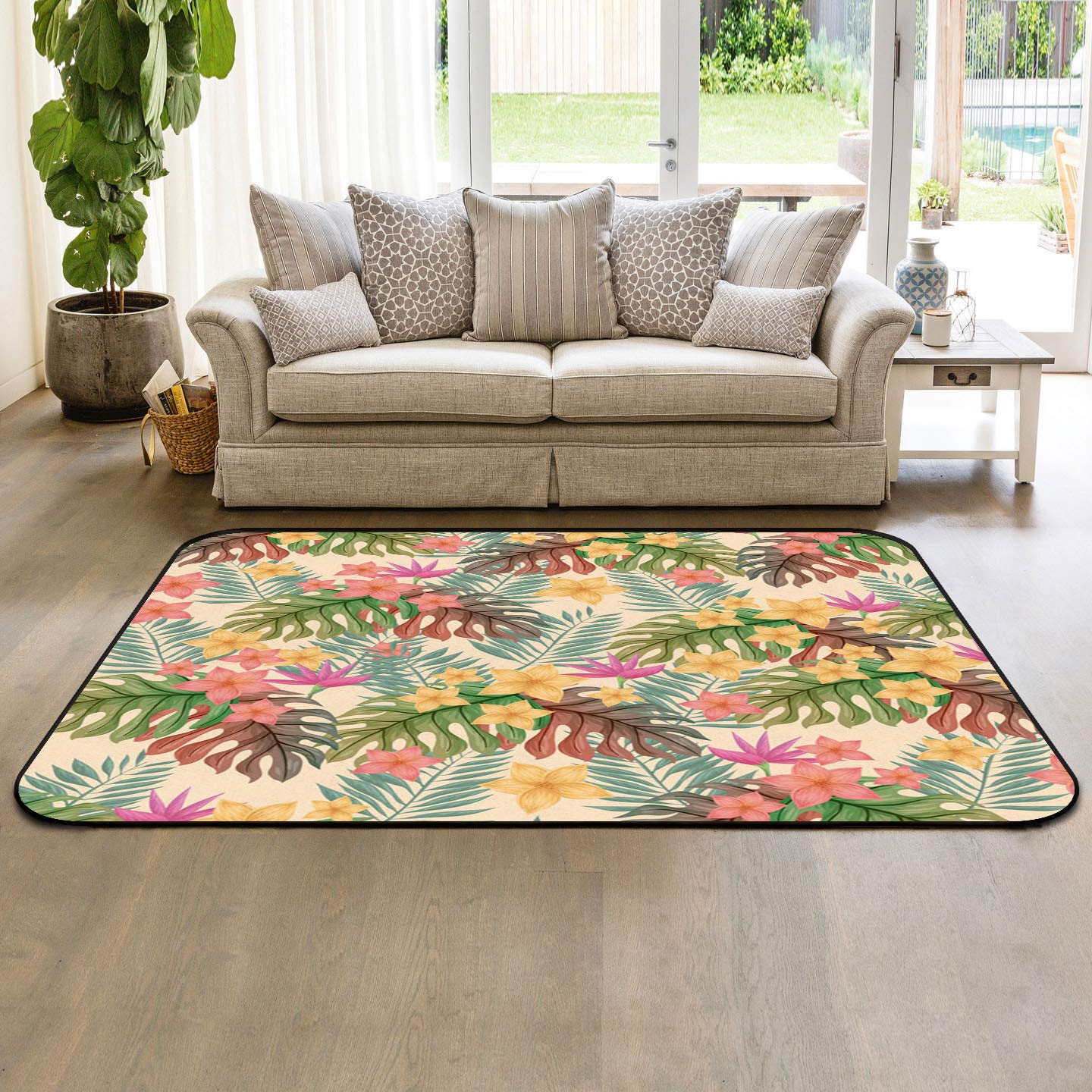 5'x7' Large Modern Floral Pink Platycodon Grandiflorus Palm Leaf Area Rug - Soft Indoor/Outdoor Throw Carpet for Living Room, Bedroom, Nursery & Kids Room - Durable Floor Covering for Home Decor & High Traffic Areas