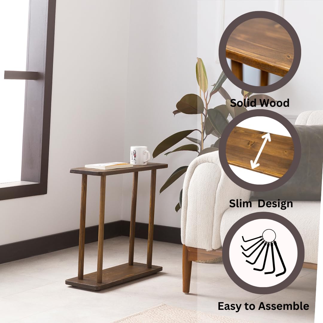 Solid Wood Rectangular Narrow Side Table - Dark Walnut Finish, Large Size | Skinny Bedside Table, Small End Table for Living Room, Bedroom & Office Use