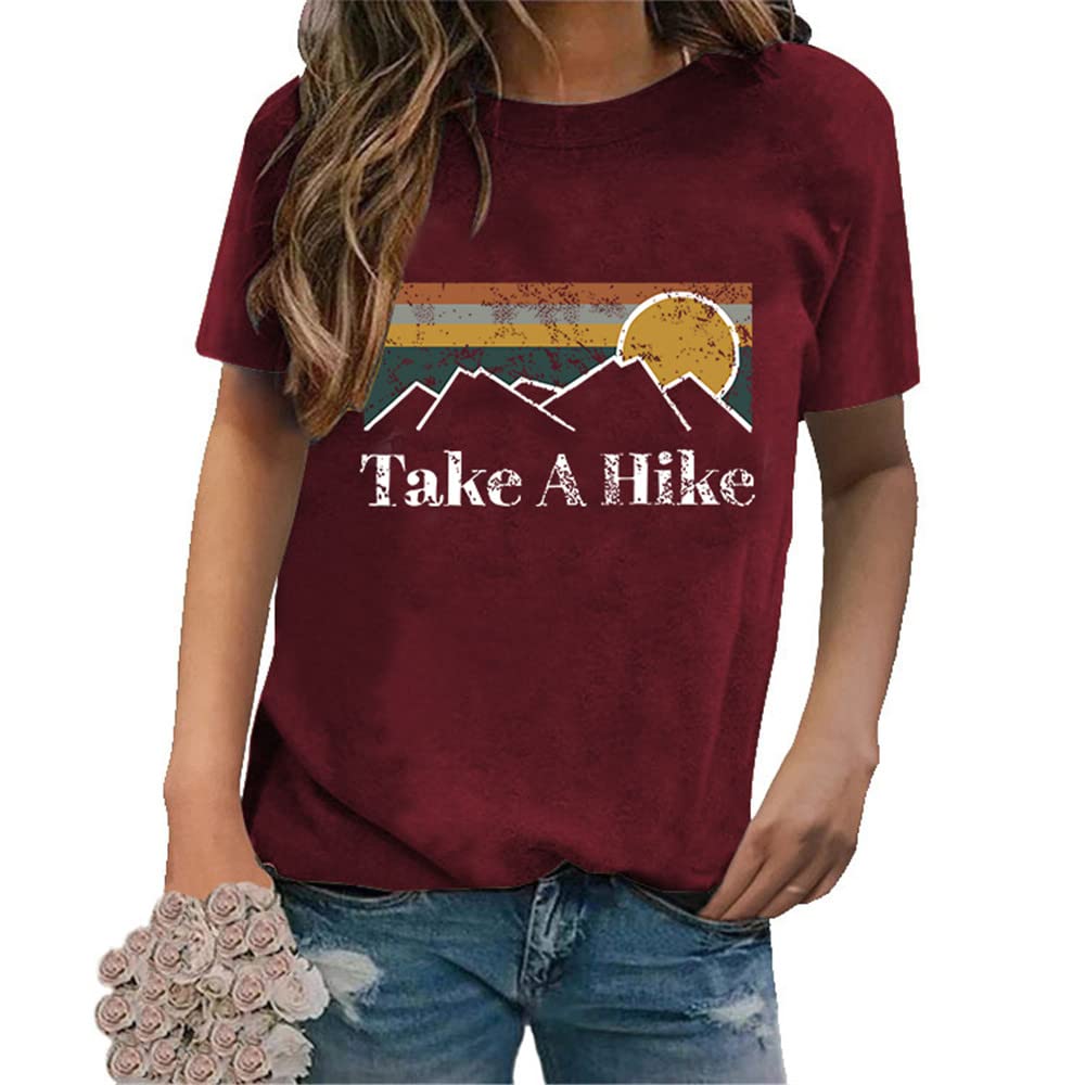 Women's Take A Hike Graphic T-Shirt - Short Sleeve Mountain Sunrise Print Casual Tee for Camping, Hiking & Outdoor Adventures