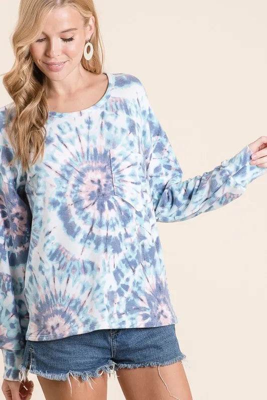 BiBi Tie Dye Print Terry Top with Front Patch Pocket - Stylish Women's Casual Shirt for Summer Outings & Beach Vacations