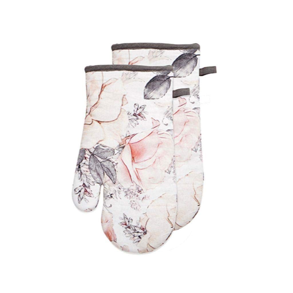Pink Magnolia Floral Print Oven Mitts Set of 2 - Heat Resistant Kitchen Gloves for Baking, Cooking & BBQ - Summer Black & White Design for Home & Outdoor Use