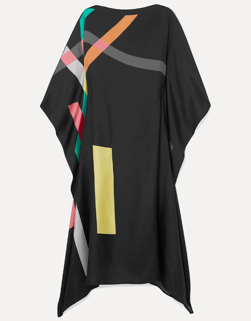 Luxury Black Silk Crepe Kaftan Dress for Women - Elegant Loose Fit Maxi Tunic with Long Sleeves - Perfect for Beach Cover Up, Resort Wear, and Summer Vacation Outfits