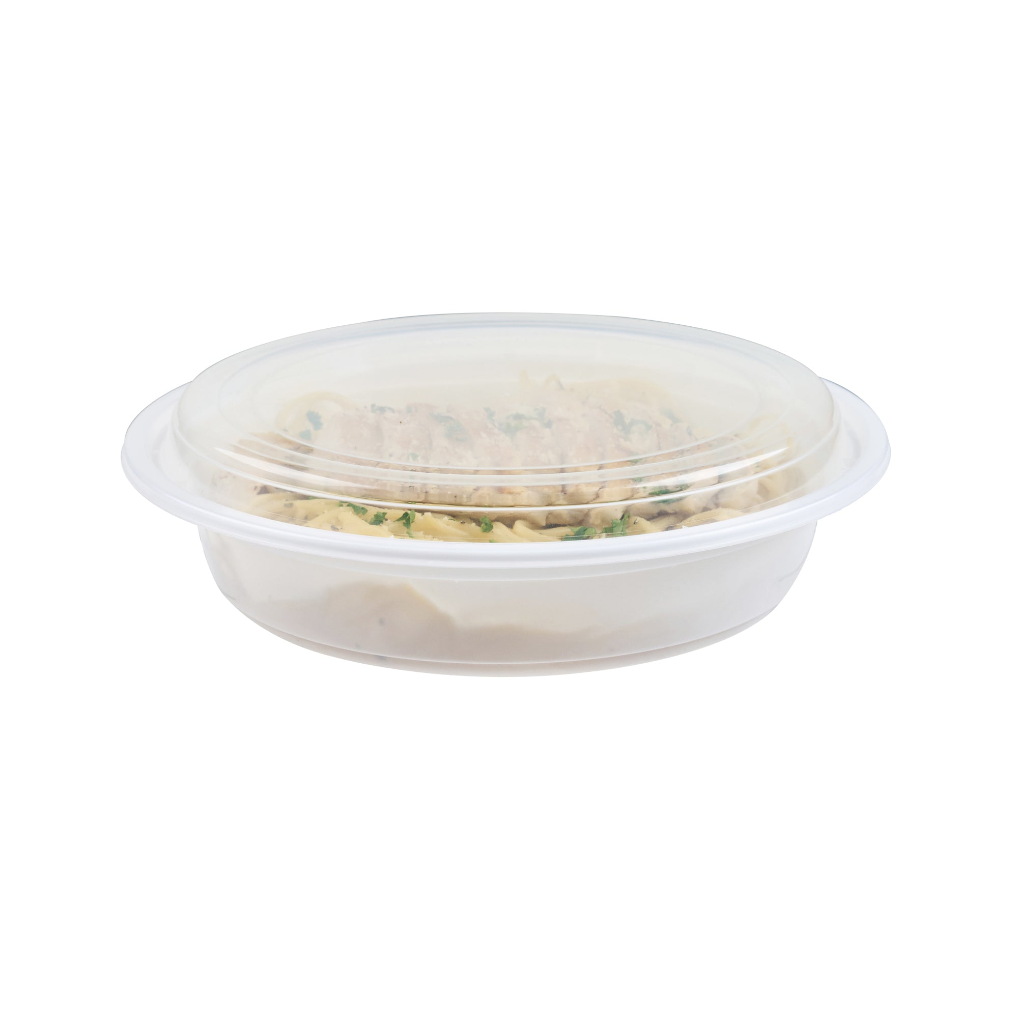 48 oz Round White Plastic Food Storage Containers with Clear Lids - Microwave Safe, 9x9x1.75 Inches - 50 Pack Bulk Disposable Takeout Containers for Restaurants, Catering & Meal Prep