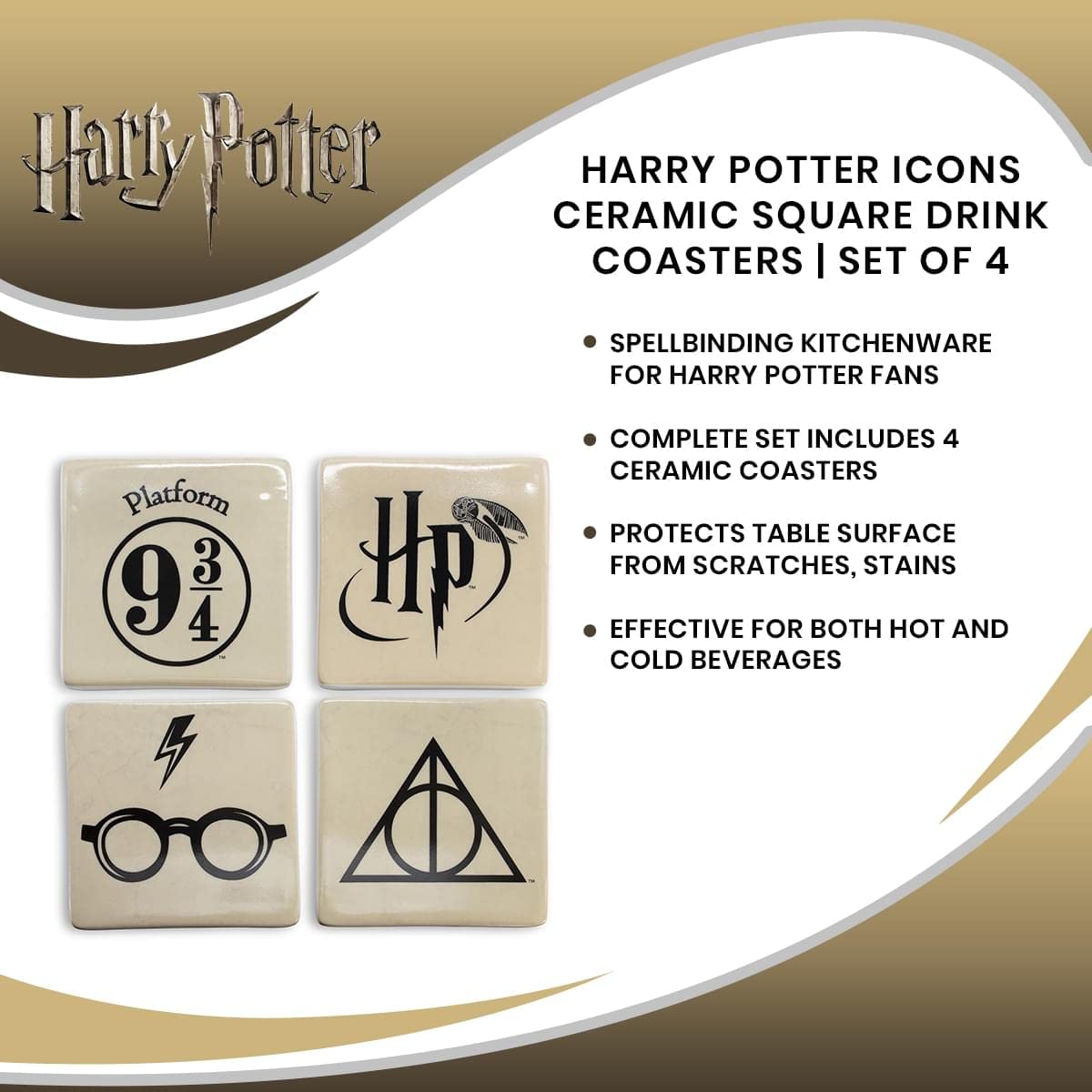 Harry Potter Ceramic Coasters Set of 4 - Absorbent Drink Coasters for Table Protection - Wizarding World Themed Home Decor for Coffee Tables, Bars, Dining & Kitchen Use - Perfect Gift for Potter Fans