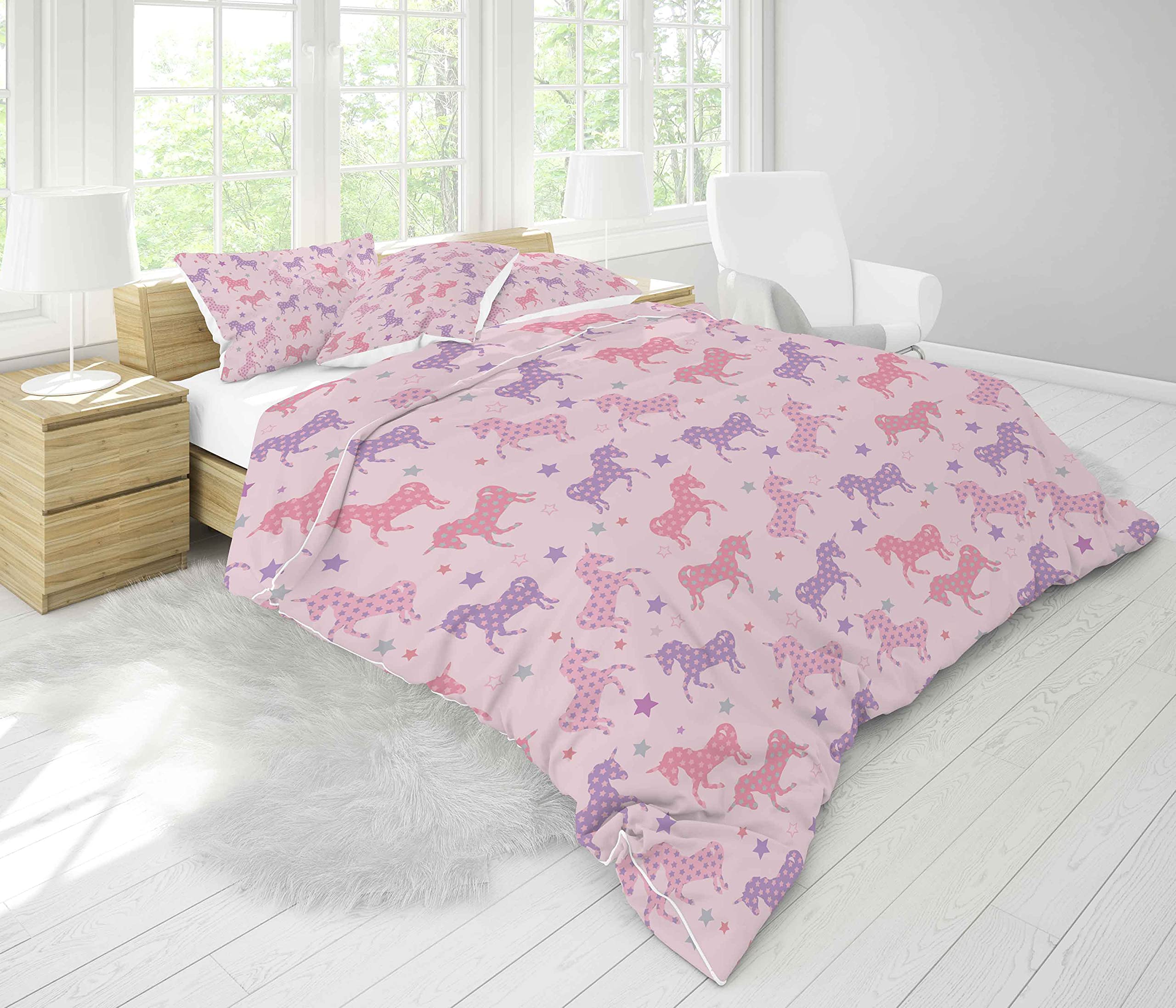 Reversible Unicorn Comforter Set Full Size - Pink & Purple Unicorn Silhouette Bedding for Girls, Stars Pattern 3-Piece Quilted Duvet Set (1 Comforter + 2 Pillowcases) | Soft & Cozy Kids Bedroom Decor for Toddler Girls' Room, Birthday Gift Idea