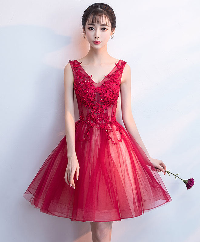 Elegant Burgundy V-Neck Tulle Lace Short Prom Dress | Homecoming Party Gown | Perfect for Dances, Formals & Special Occasions