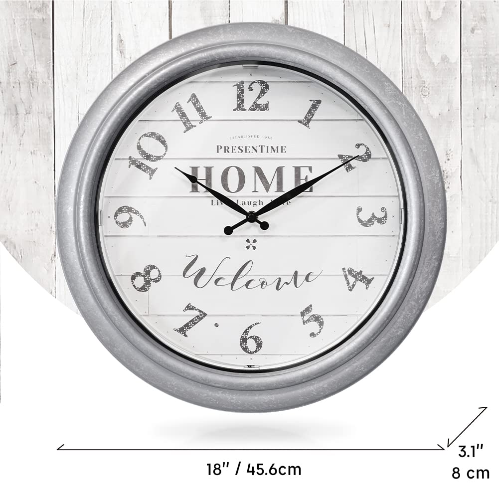 Presentime & Co 18 Inch Vienna Modern Farmhouse Wall Clock - Indoor/Outdoor Shiplap Style with Galvanized Silver Finish & Smart Sensor Night Light - Perfect for Living Room, Bedroom, Patio, and Garden Decor