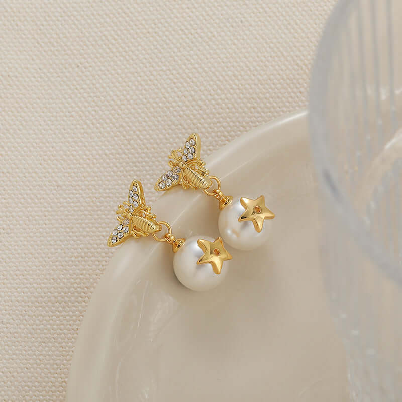Dainty Bumble Bee Pearl Drop Earrings for Women - Elegant Gold Plated Dangle Earrings with Freshwater Pearls | Perfect for Weddings, Parties & Everyday Wear (DMS271)